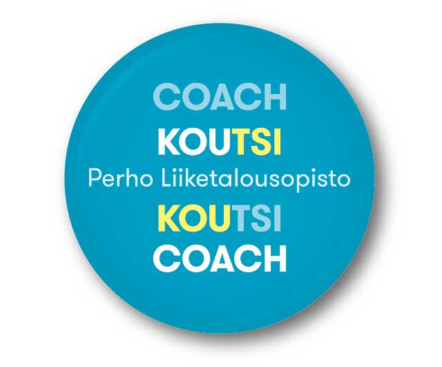 kuvituskuva: Perho Liiketalousopiston opetushenkilökunnan rintanappi "Koutsi - Coach"