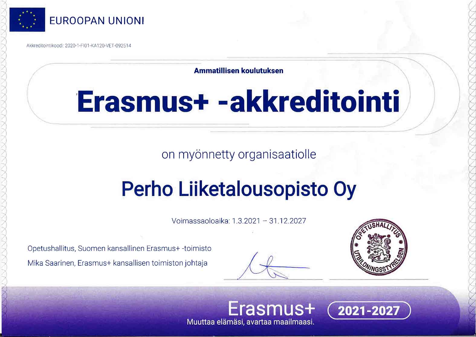 tiedote: Perho LTO:lle Erasmus+ akkreditointi