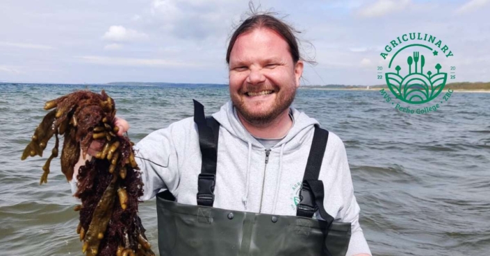 A man collecting kelp from the Baltic Sea on the coast of Denmark.