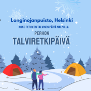 Piirroskuva, jossa telttoja ja ihmisiä talvisessa metsämaisemassa.