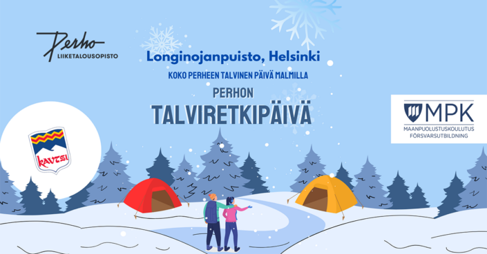 Piirroskuva, jossa telttoja ja ihmisiä talvisessa metsämaisemassa.